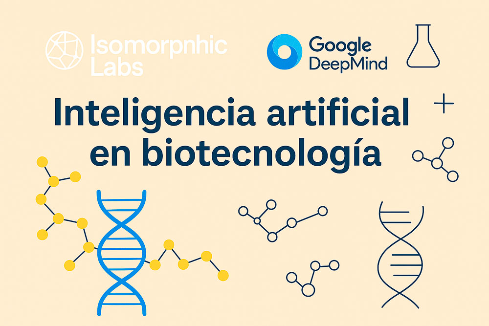 Diseño ilustrativo sobre Isomorphic Labs y Google DeepMind aplicando inteligencia artificial en biotecnología y descubrimiento de fármacos.