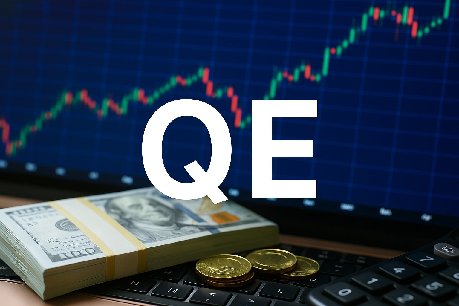 Gráfico financiero con billetes de dólar, monedas y la sigla QE, representando el concepto de Quantitative Easing en el contexto de inversiones y economía.